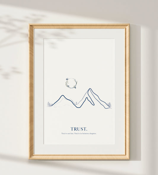Moon & Mountain Yoga Line Art Print - Tree Pose Minimalist Wall Art