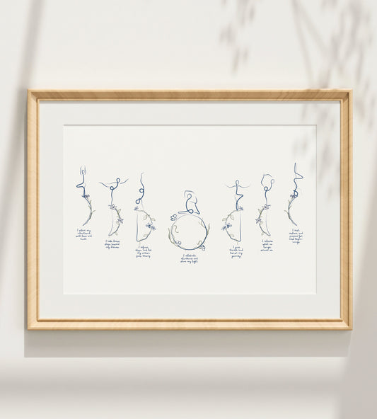 Moon Cycle Affirmations - Minimalist Yoga Line Art Print