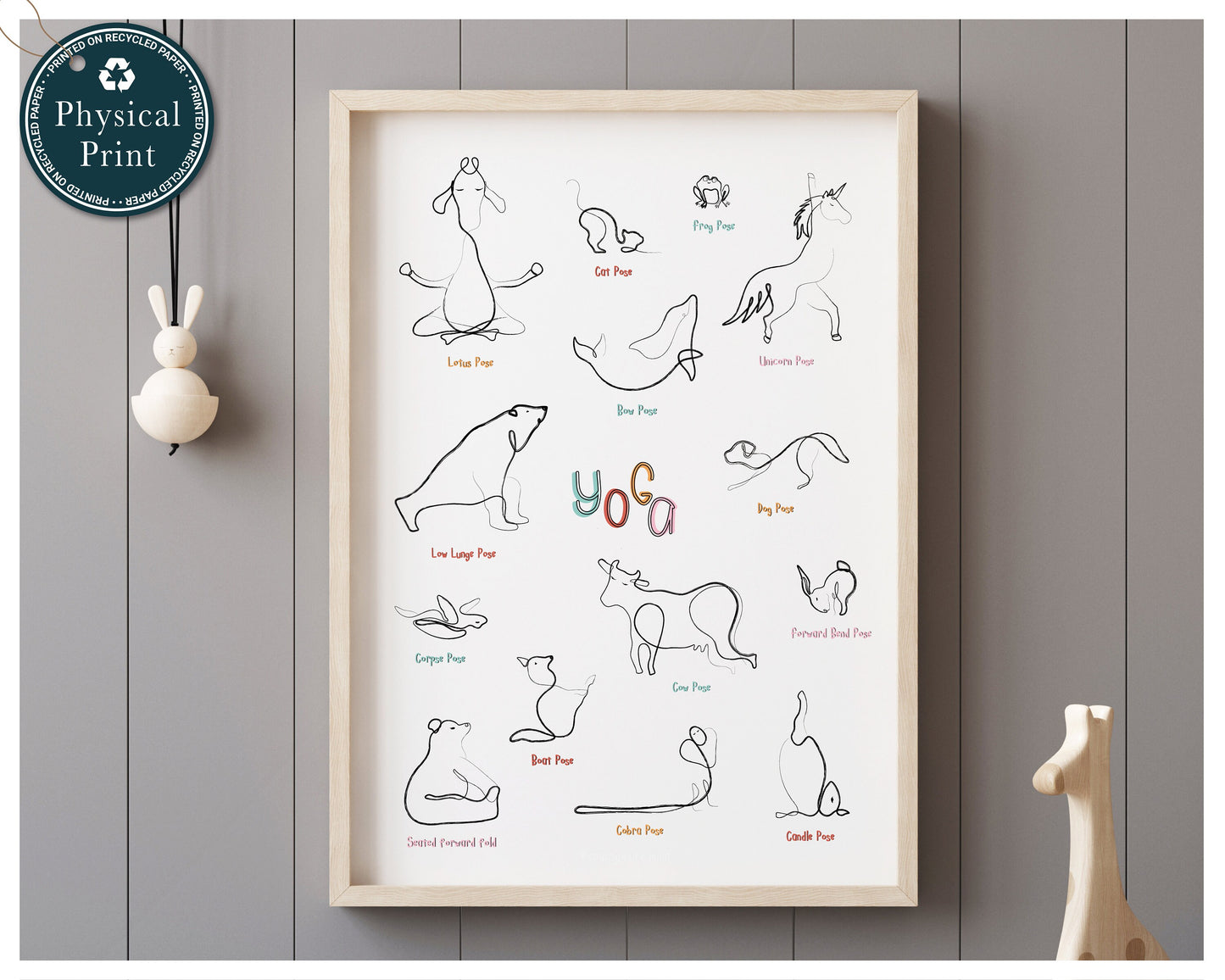 Yoga Poses Poster, Yoga Art Print, Unicorn Nursery Art, Nursery Wall Art Giraffe, Animal Nursery Prints, Childrens Bedroom Wall Decor