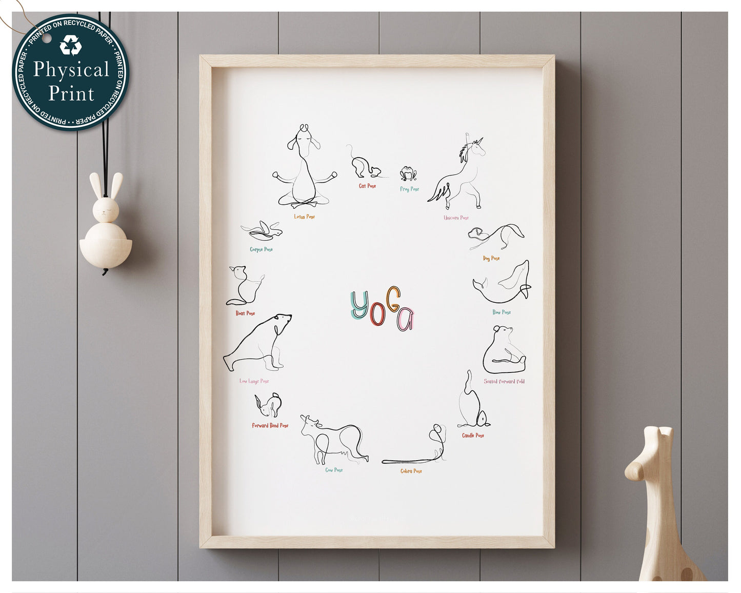 Yoga Poses Poster, Yoga Art Print, Unicorn Nursery Art, Nursery Wall Art Giraffe, Animal Nursery Prints, Childrens Bedroom Wall Decor