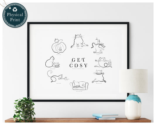 Autumn Self Care Art, Let's Get Cosy Print, Yoga Poster, Yoga Cats Wall Art, Fall Poster, Funny Cat Lover Artwork, Gift for Cat Lovers