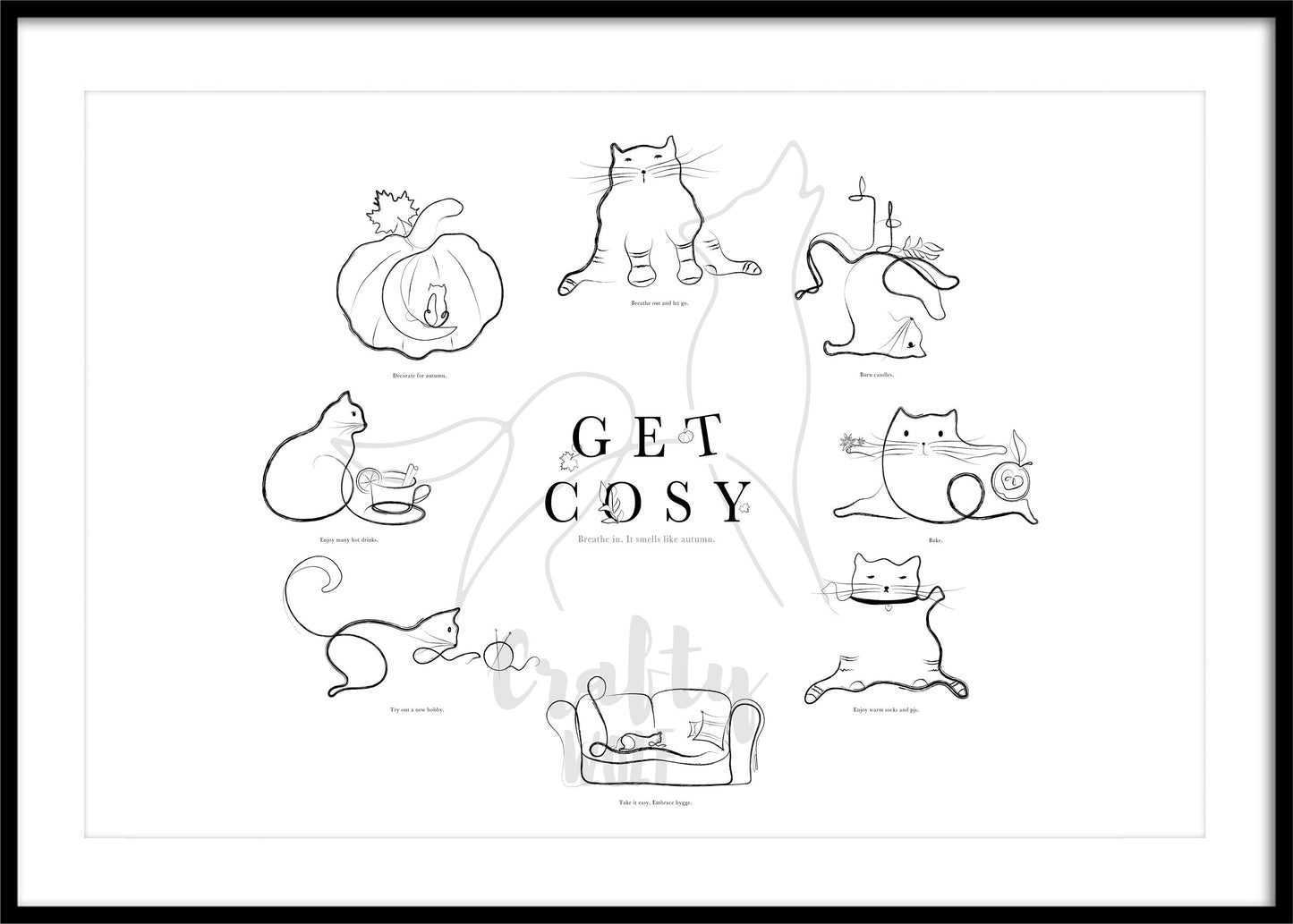 Autumn Self Care Art, Let's Get Cosy Print, Yoga Poster, Yoga Cats Wall Art, Fall Poster, Funny Cat Lover Artwork, Gift for Cat Lovers