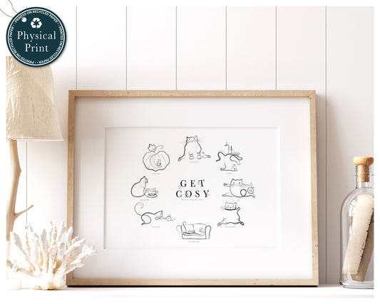 Autumn Self Care Art, Let's Get Cosy Print, Yoga Poster, Yoga Cats Wall Art, Fall Poster, Funny Cat Lover Artwork, Gift for Cat Lovers