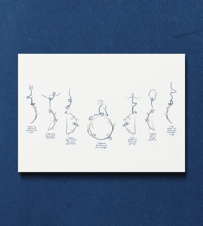 Moon Cycle Affirmations - Minimalist Yoga Line Art Print