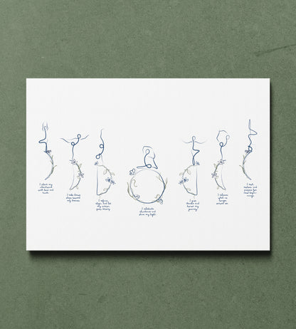 Moon Cycle Affirmations - Minimalist Yoga Line Art Print
